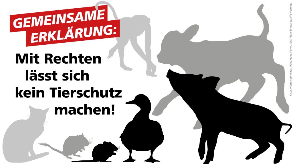 Titelbild der Gemeinsamen Erklärung. Es sind einige Tiersilhuetten in verschiedenen Grautönen abgebildet. Dazu der Text: Gemeinsame ERklärung: Mit Rechten lässt sich kein Tierschutz machen!